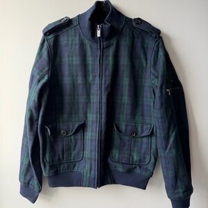 Ben Sherman Men's Wool Plaid Green and Blue Bomber Jacket